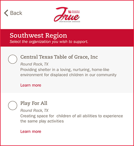 Chick-fil-A - click circle for Central Texas Table of Grace, Inc