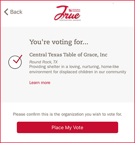 You're voting for Central Texas Table of Grace, Inc